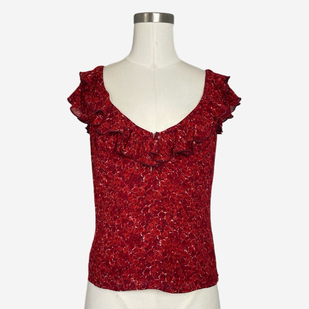 Reformation Cala red rose floral ruffle sleeveless blouse romantic feminine XS